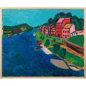 Herman Zuker b.1959, Polish / American, Old French Village on the River, Acrylic on Canvas Painting.