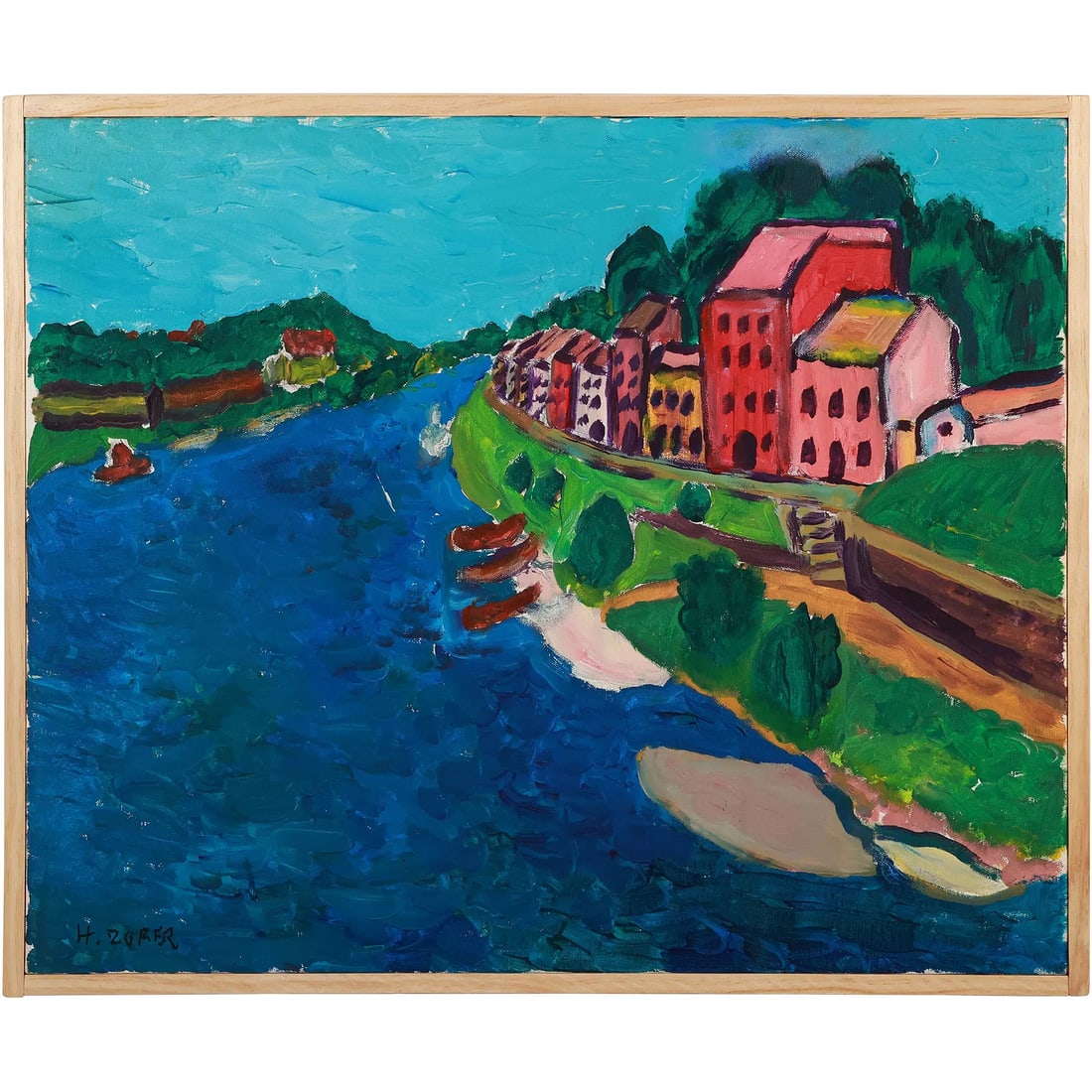 Herman Zuker b.1959, Polish / American, Old French Village on the River, Acrylic on Canvas Painting.: " This item requires an appointment scheduled via email (donny@donnymaloneauctions.com) at least 24 hours before pick-up. Herman Zuker b.1959, Polish / American, Old French Village on the River, Acryl