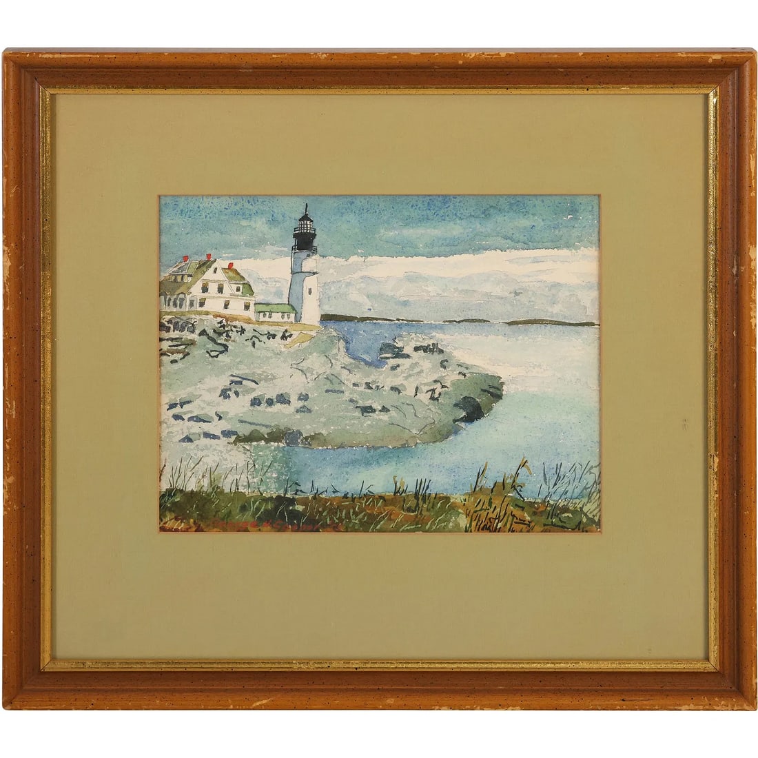 Portland Head Light in Cape Elizabeth, Maine, Vintage Watercolor Painting, Framed: " This item requires an appointment scheduled via email (donny@donnymaloneauctions.com) at least 24 hours before pick-up. Portland Head Light in Cape Elizabeth, Maine, Vintage Watercolor Painting, Fra