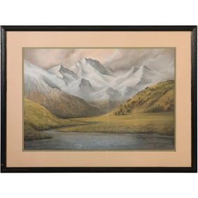 R Craw, snow-capped mountains under a cloudy sky, with a river Fine Watercolor Painting
