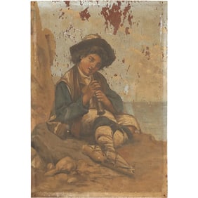 19th C. Oil on Wood Panel Young man, possibly a shepherd or minstrel, playing a Flute