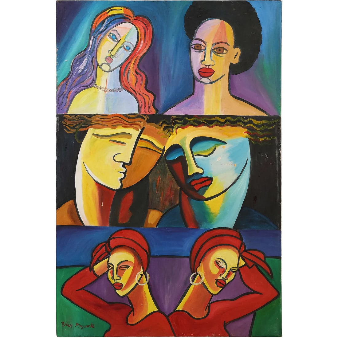Signed Brian Maycock, Oil on Canvas Painting, Multiple Women Portraits, Colorful: " This item requires an appointment scheduled via email (donny@donnymaloneauctions.com) at least 24 hours before pick-up. Signed Brian Maycock, Oil on Canvas Painting, Multiple Women Portraits, Colorf