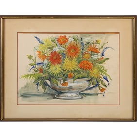 Vintage Watercolor Painting Still Life Floral Arrangement in Vase Framed