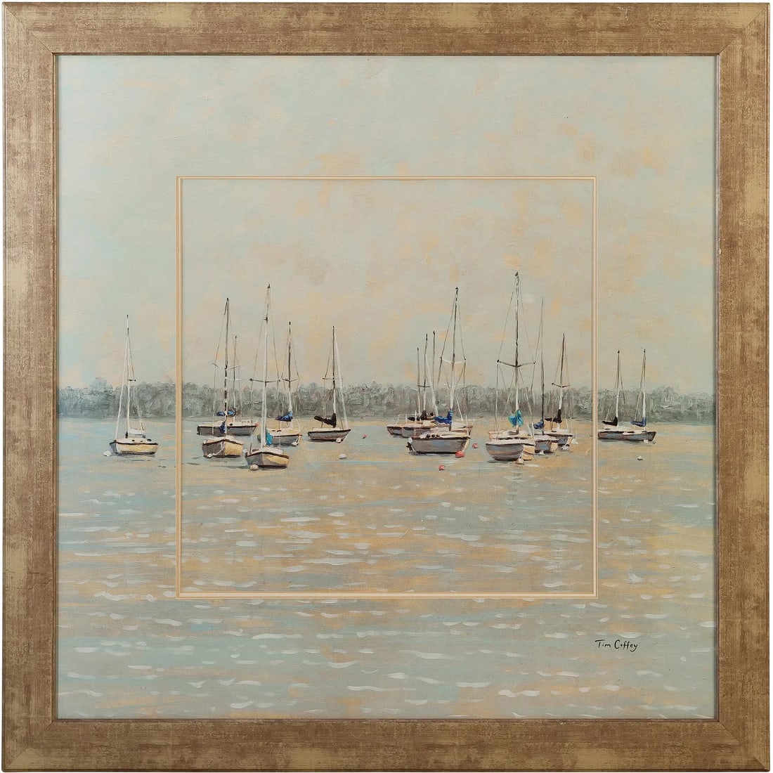 Artwork "Harbor Dawn" by Tim Coffey. Moored Sailing Boards in a Harbor Scene: " This item requires an appointment scheduled via email (donny@donnymaloneauctions.com) at least 24 hours before pick-up. artwork ""Harbor Dawn"" by Tim Coffey. Tim Coffey is an artist known for his p