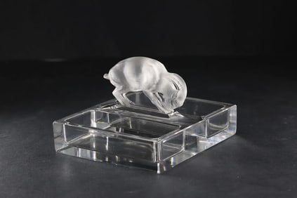 Rene Lalique France Chevre / Goat Crystal Frosted Glass Ashtray Dish, Signed LALIQUE FRANCE
