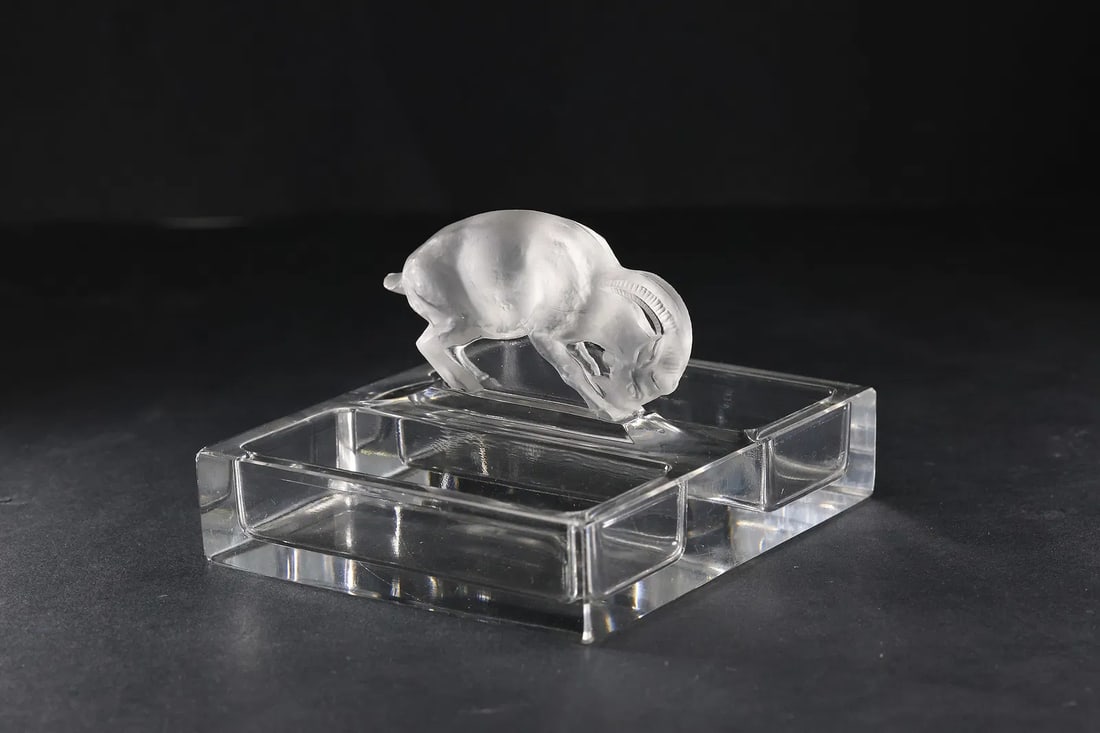 Rene Lalique France Chevre / Goat Crystal Frosted Glass Ashtray Dish, Signed LALIQUE FRANCE (1 of 11)
