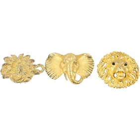 Doreen Ryan , 3 Assorted Gold Tone Pins Lion Face, Elephant Face, Floral