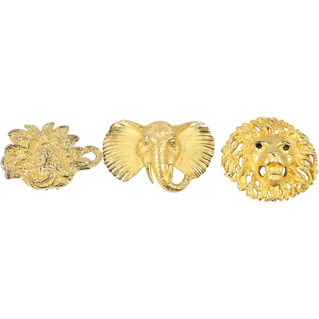 Doreen Ryan , 3 Assorted Gold Tone Pins Lion Face, Elephant Face, Floral (1 of 13)