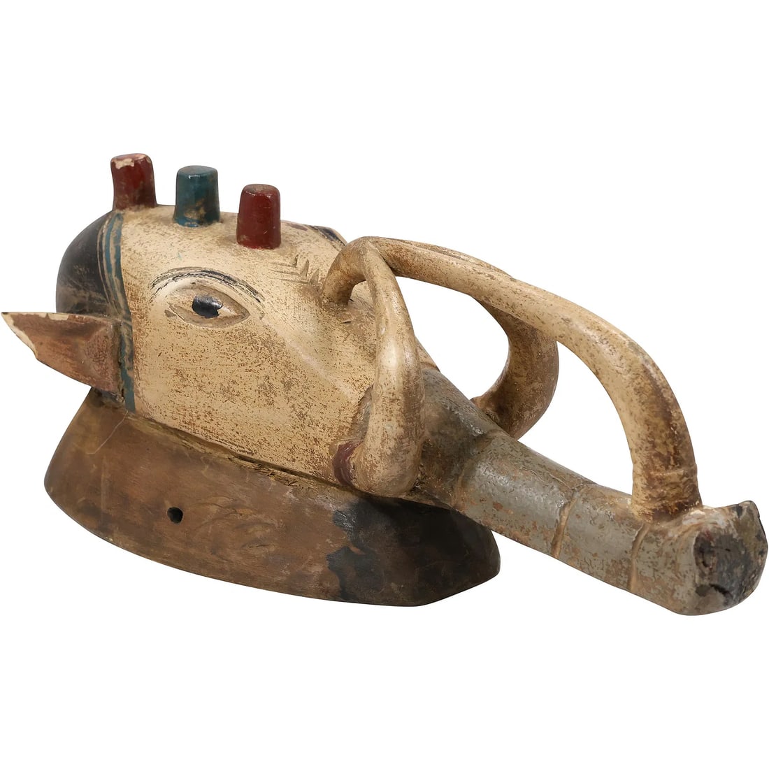 African Tribal Helmet Mask with Animal Head in Original Polychrome Patina 17.75 in. length: " This item requires an appointment scheduled via email (donny@donnymaloneauctions.com) at least 24 hours before pick-up. African Tribal Helmet Mask with Animal Head in Original Polychrome Patina 17.7