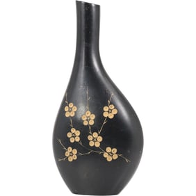 Mid-Century Modern Black Wooden Vase with Dogwood Flowers Design 17.5 inches height