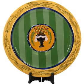 Large Majolica Ceramic Charger, Signed on Backside, Urn with Flowers Center 15.5 in. dia.