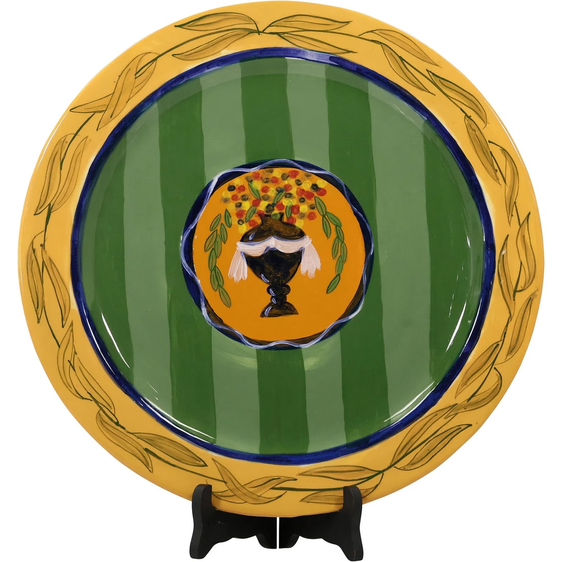 Large Majolica Ceramic Charger, Signed on Backside, Urn with Flowers Center 15.5 in. dia. (1 of 15)