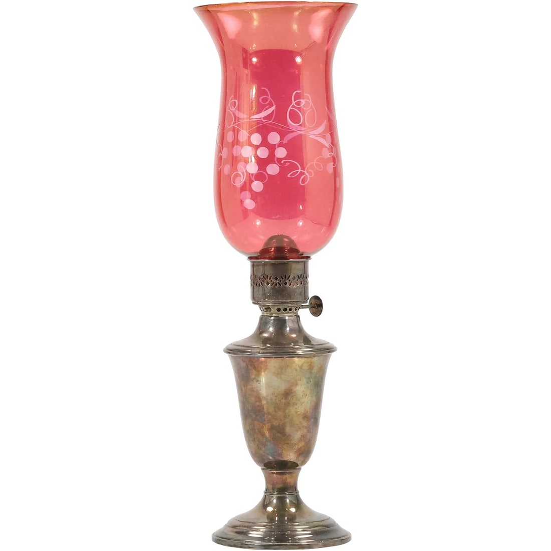 GORHAM Silver Plate Oil Lamp Base Hurricane Lamp with Etched Cranberry Glass Shade: " This item requires an appointment scheduled via email (donny@donnymaloneauctions.com) at least 24 hours before pick-up. GORHAM Silver Plate Oil Lamp Base Hurricane Lamp with Etched Cranberry Glass S