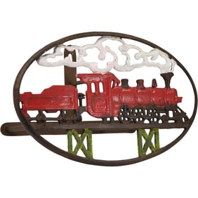 Cast Metal Steam Locomotive Motif Wall Mount Hose Holder in Original Paint Finish