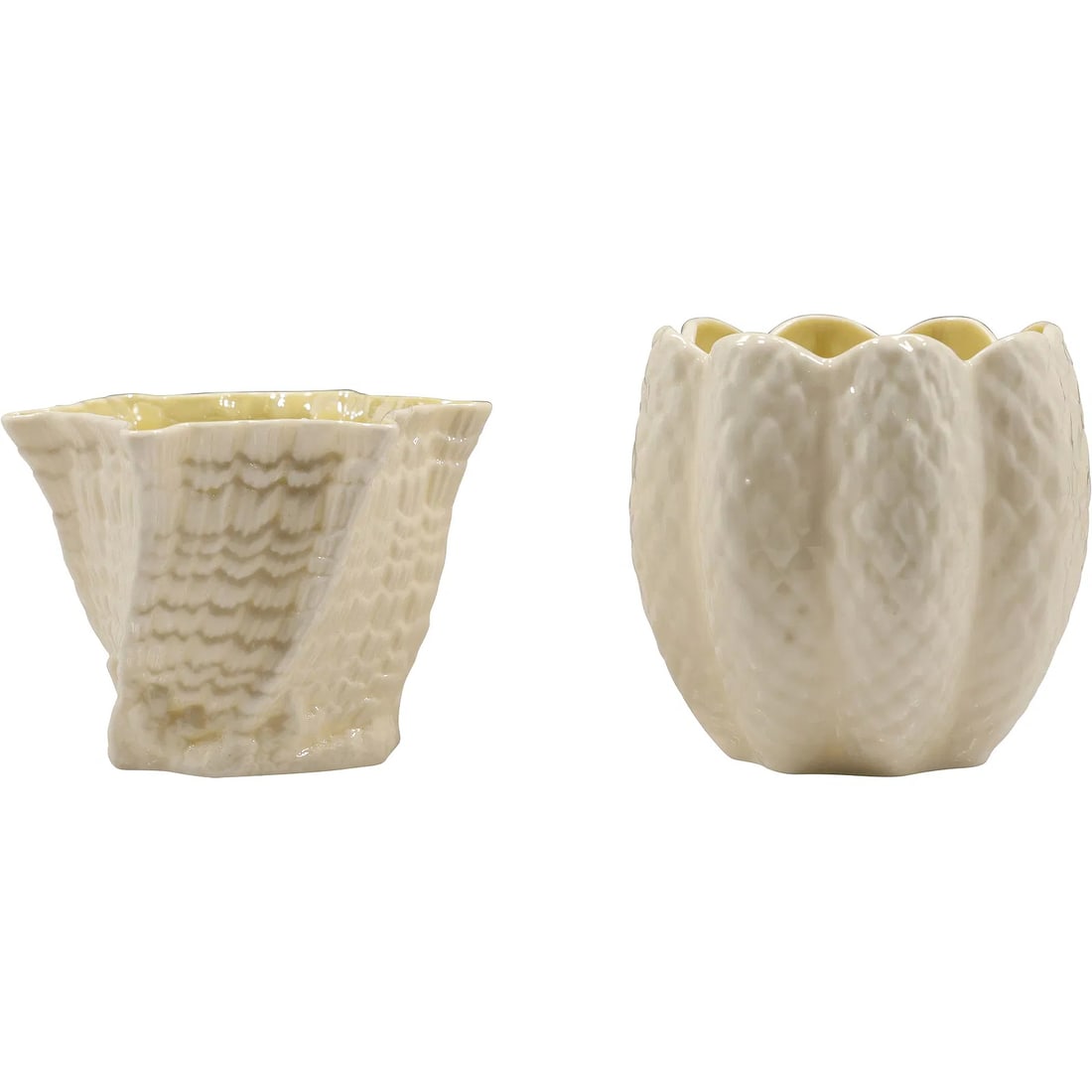 2 Belleek Pottery "Limpet" Design Vases Shell-like texture: " This item requires an appointment scheduled via email (donny@donnymaloneauctions.com) at least 24 hours before pick-up. two pieces of Belleek Pottery, known for its distinctive Limpet design. Produc