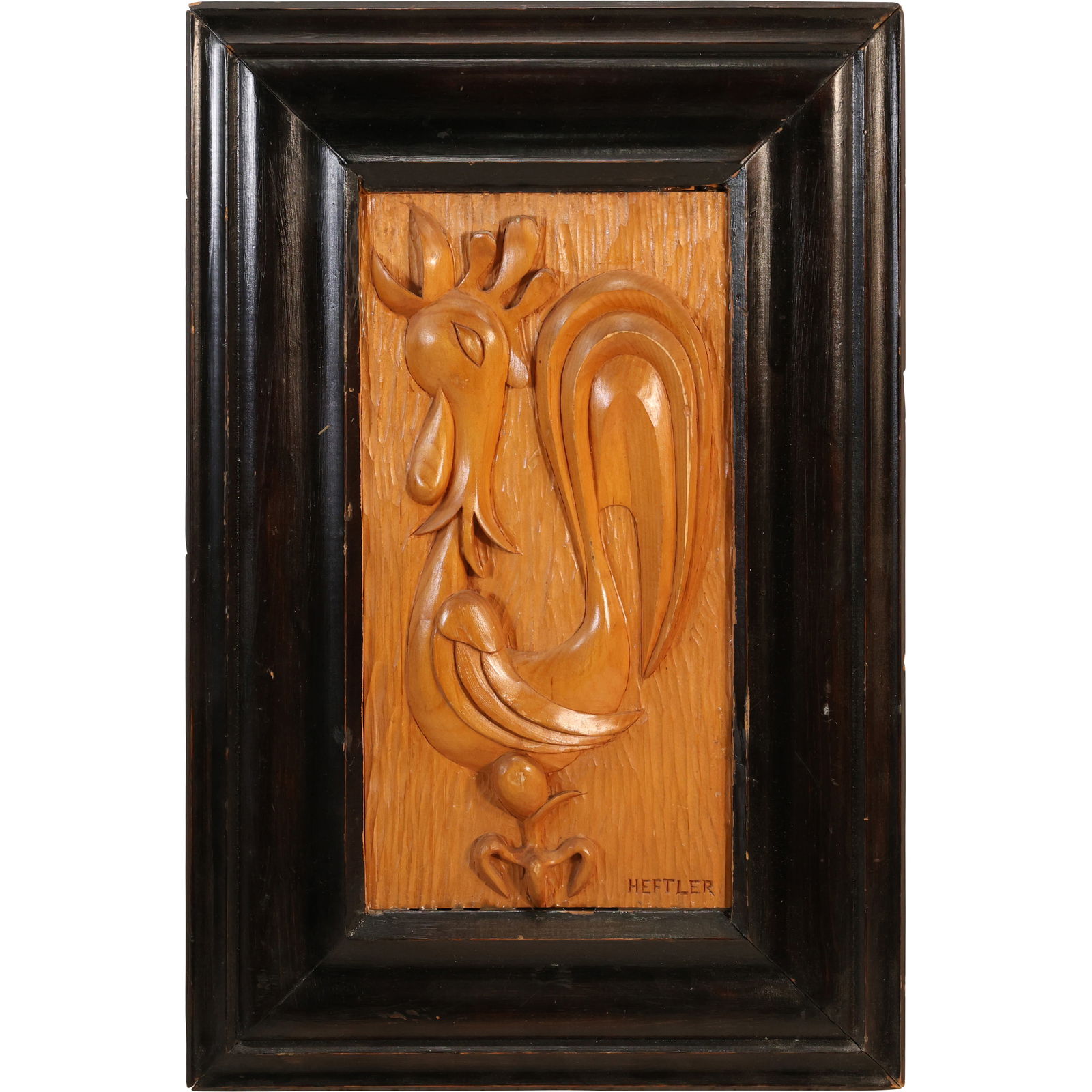 Signed Heftler, Mid-Century Modern Hand Carved ROOSTER Wood Sculptured Plaque 21.5 in. x 14 in. (1 of 8)