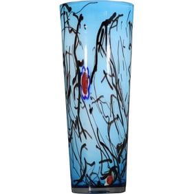 Tall Blue Cylindrical Art Glass Vase with Squiggly Abstract Design 16 in. height x 6 in. wide