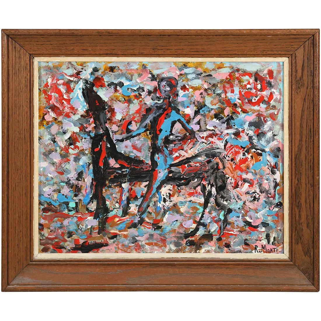 Rocco Monticolo, R Monti, 1931-2022, Oil on Board Painting ABSTRACT FIGURE ON HORSE: This item requires an appointment scheduled via email (donny@donnymaloneauctions.com) at least 24 hours before pick-up. size: Rocco Monticolo, R Monti, 1931-2022, Oil on Board Painting ABSTRACT FIGURE