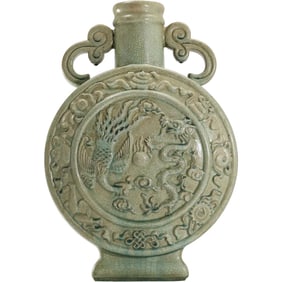 Green Chinese Celadon Mood Flask / Vase / Bottle 15 in. height x 10 in. wide x 4 in. depth