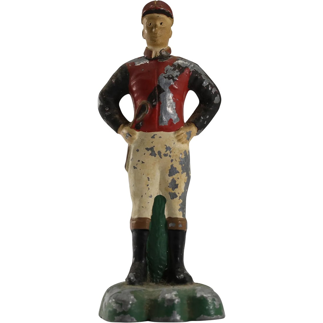 Vintage Cast Metal Jockey Figure Paperweight with Hidden Pen Holder, Original Paint, 5.5 in. h.: " This item requires an appointment scheduled via email (donny@donnymaloneauctions.com) at least 24 hours before pick-up. Vintage Cast Metal Jockey Figure Paperweight with Hidden Pen Holder, Original 