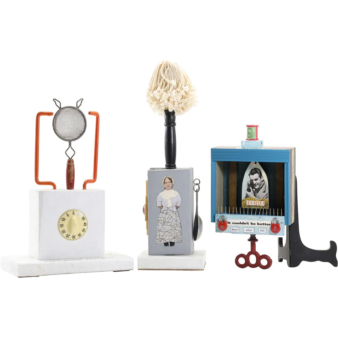 3 Assorted STEPHEN MILLNER Assemblage Art Sculptures, sizes 11.5 in. to 17 in. heights: " This item requires an appointment scheduled via email (donny@donnymaloneauctions.com) at least 24 hours before pick-up. 3 Assorted STEPHEN MILLNER Assemblage Art Sculptures, sizes 11.5 in. to 17 in.