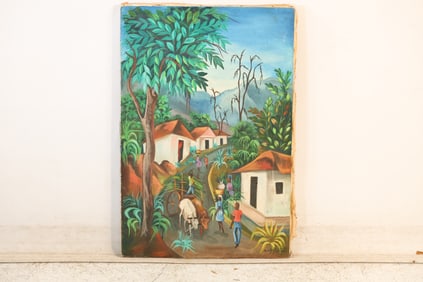 Signed B. LaFontantant, Haiti, Oil on Canvas Painting Haitian Village with Figures