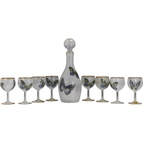 Frosted Glass "Butterflies" Decanter with 8 Matching Stemmed Goblets