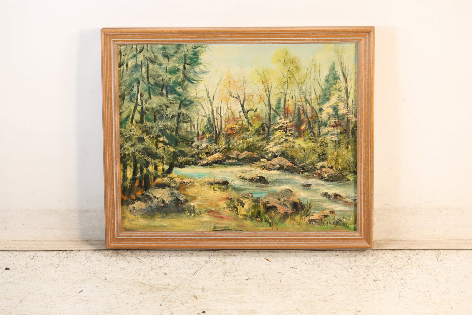 Ida A Cooley, New Hope Pa, Oil on Canvas Painting Brook below Big Pocono in Spring, Pocono Mts. PA: This item requires an appointment scheduled via email (donny@donnymaloneauctions.com) at least 24 hours before pick-up. size: Ida A Cooley, New Hope Pa, Oil on Canvas Painting Brook below Big Pocono i