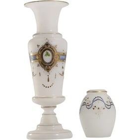 [2] 19th C. White Bristol Glass Vases with Enamel Decoration tall 12.5 in. height, short 4.5 in. h.