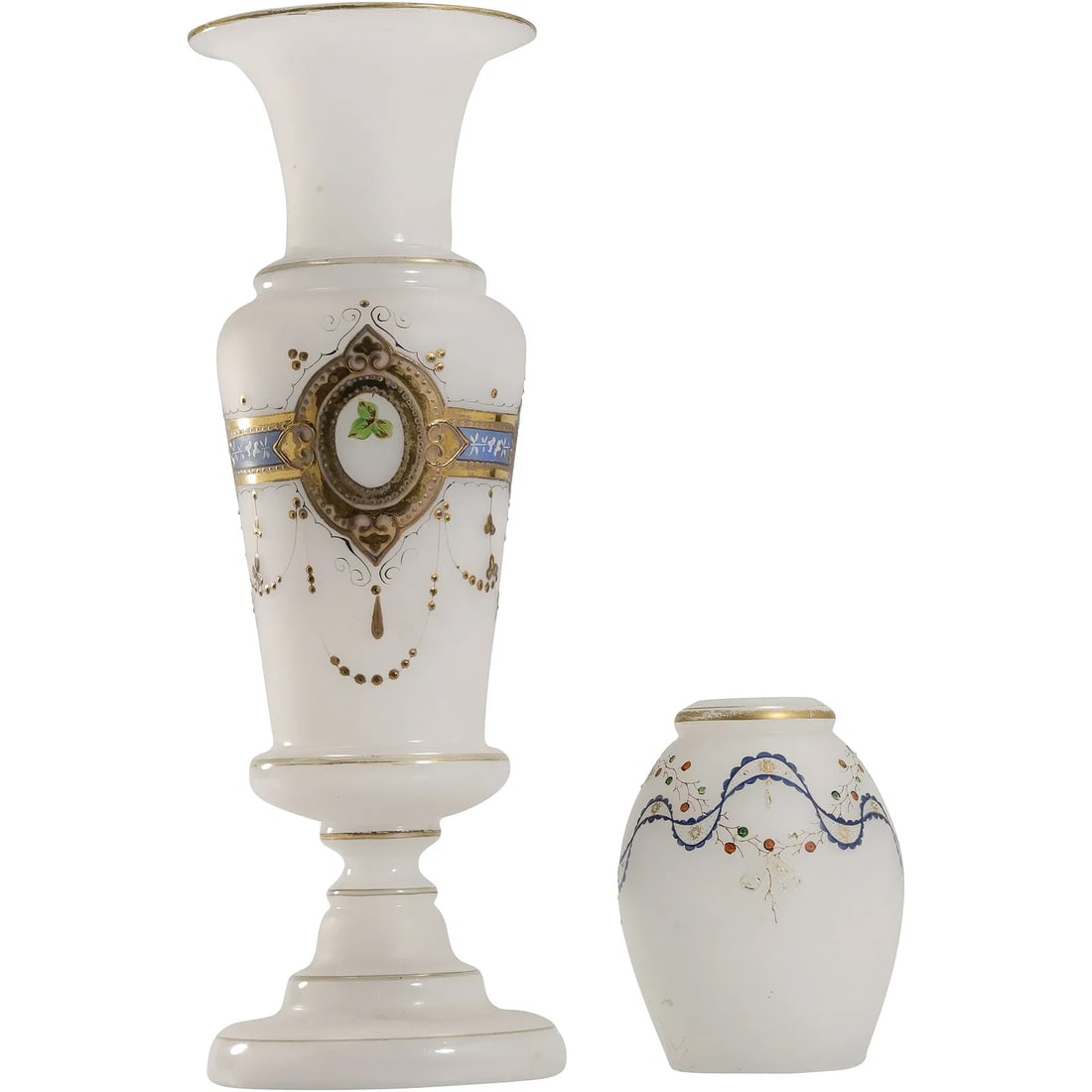 [2] 19th C. White Bristol Glass Vases with Enamel Decoration tall 12.5 in. height, short 4.5 in. h.: " This item requires an appointment scheduled via email (donny@donnymaloneauctions.com) at least 24 hours before pick-up. [2] 19th C. White Bristol Glass Vases with Enamel Decoration tall 12.5 in. hei