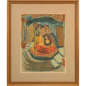 Vintage Color Lithograph three figures in what looks like an enclosed or sheltered setting