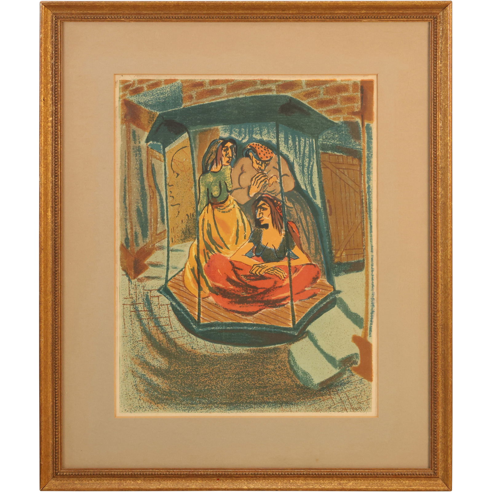 Vintage Color Lithograph three figures in what looks like an enclosed or sheltered setting (1 of 9)