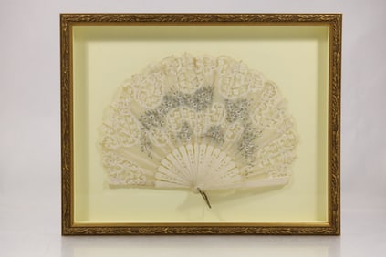 Circa 1890 French Victorian Lace Hand Painted Hand Fan Mounted in a Shadow Box Frame