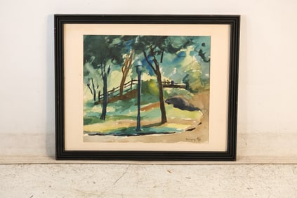 Margery Kathleen Pyle (Born 1903) Delaware, Watercolor Painting, Landscape with Walk Bridge