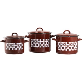 Set 3 Graduated Sizes Vintage Brown White Block Pattern Enamel Enamelware Retro Pan & Lid