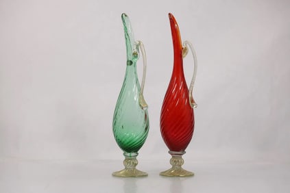 2 BALBOA Italian Art Glass Ewer Vases Red /Green , 15.5 in. height, Original Label