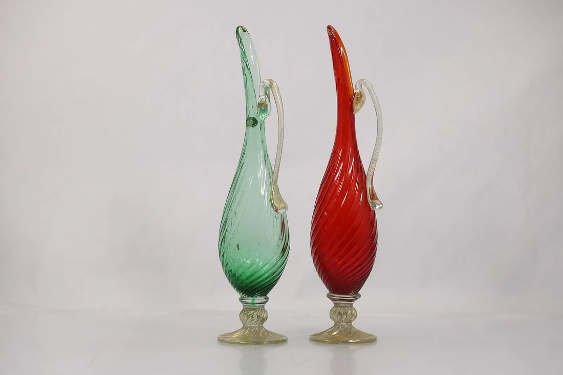 2 BALBOA Italian Art Glass Ewer Vases Red /Green , 15.5 in. height, Original Label: " This item requires an appointment scheduled via email (donny@donnymaloneauctions.com) at least 24 hours before pick-up. 2 BALBOA Italian Art Glass Ewer Vases Red /Green , 15.5 in. height, Original L