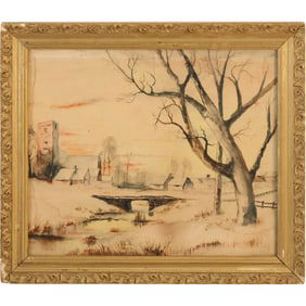 Vintage Watercolor Painting Winter Landscape with Barns and Bridge over a Brook