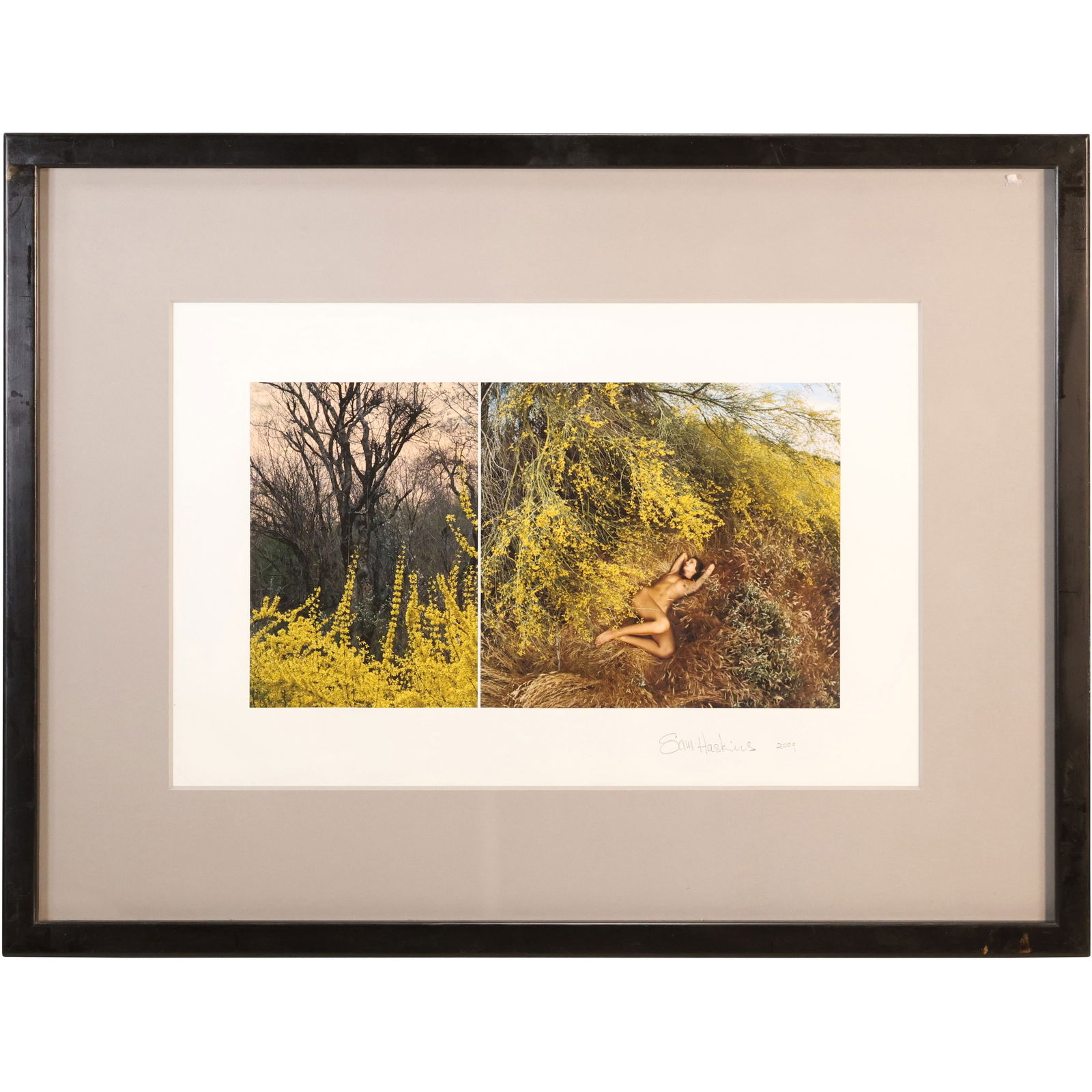 Sam Haskins 2009, Signed and Gallery Framed Photograph Nude Woman Lying on Back in Landscape: This item requires an appointment scheduled via email (donny@donnymaloneauctions.com) at least 24 hours before pick-up. size: Sam Haskins 2009, Signed and Gallery Framed Photograph Nude Woman Lying on