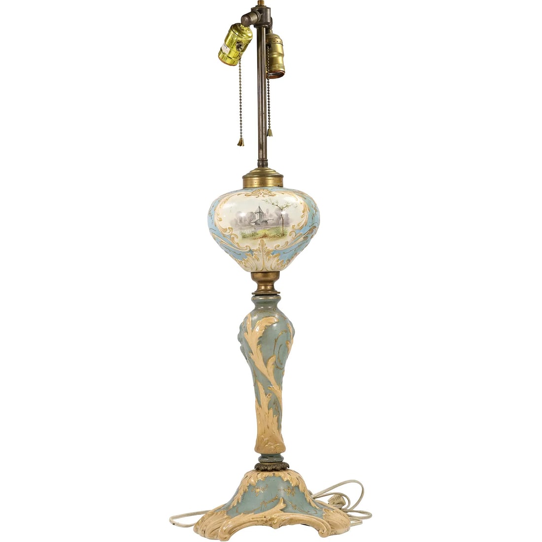 SEVRES 19th C. Porcelain Banquet Lamp, Electrified, with Scenic Panels, 30 in. overall height: " This item requires an appointment scheduled via email (donny@donnymaloneauctions.com) at least 24 hours before pick-up. SEVRES 19th C. Porcelain Banquet Lamp, Electrified, with Scenic Panels, 30 in.