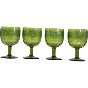 Set 4 Vintage Bartlett Collins Green Grape Leaf Thumbprint Glass Goblets