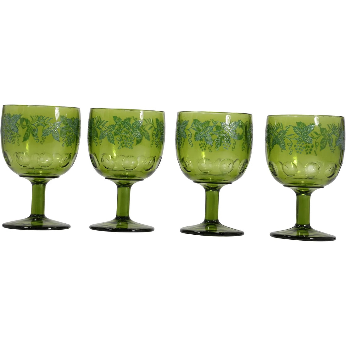 Set 4 Vintage Bartlett Collins Green Grape Leaf Thumbprint Glass Goblets: " This item requires an appointment scheduled via email (donny@donnymaloneauctions.com) at least 24 hours before pick-up. Set of four vintage Bartlett Collins glass goblets in green, featuring the gra