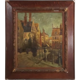 Vintage Oil Painting on Canvas "Pont Du Laitage" Gand [Belgium], Framed