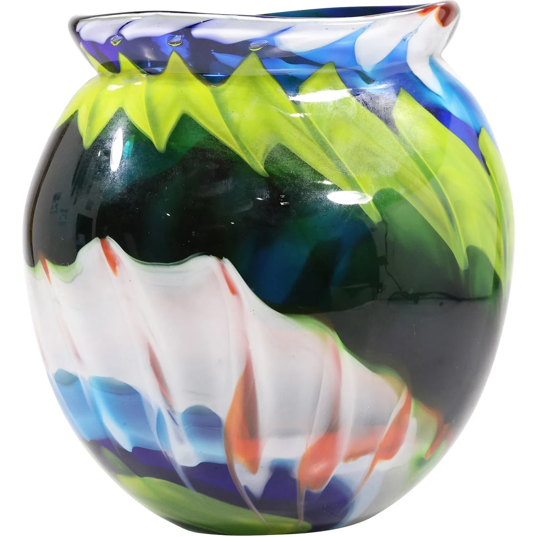 Mid-Century Modern Art Glass Vase with Multi Colors in a Swirl 10 inches height: " This item requires an appointment scheduled via email (donny@donnymaloneauctions.com) at least 24 hours before pick-up. Mid-Century Modern Art Glass Vase with Multi Colors in a Swirl 10 inches heigh