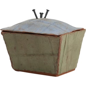 Unique Signed WELCH, Studio Art Pottery Covered Box with 3 Screws Top Finial