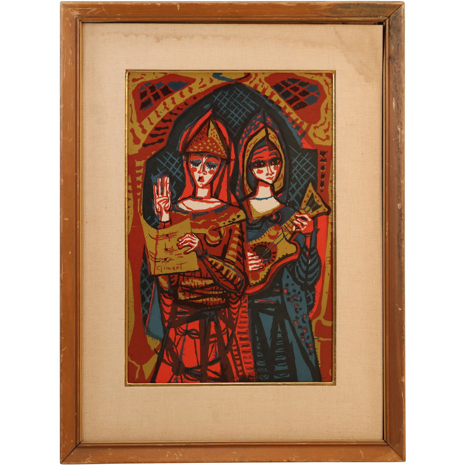 Enrique Climent (1897-1980] Spanish, Vintage Color Lino-cut, 2 Religious Musicians in Chapel (1 of 11)