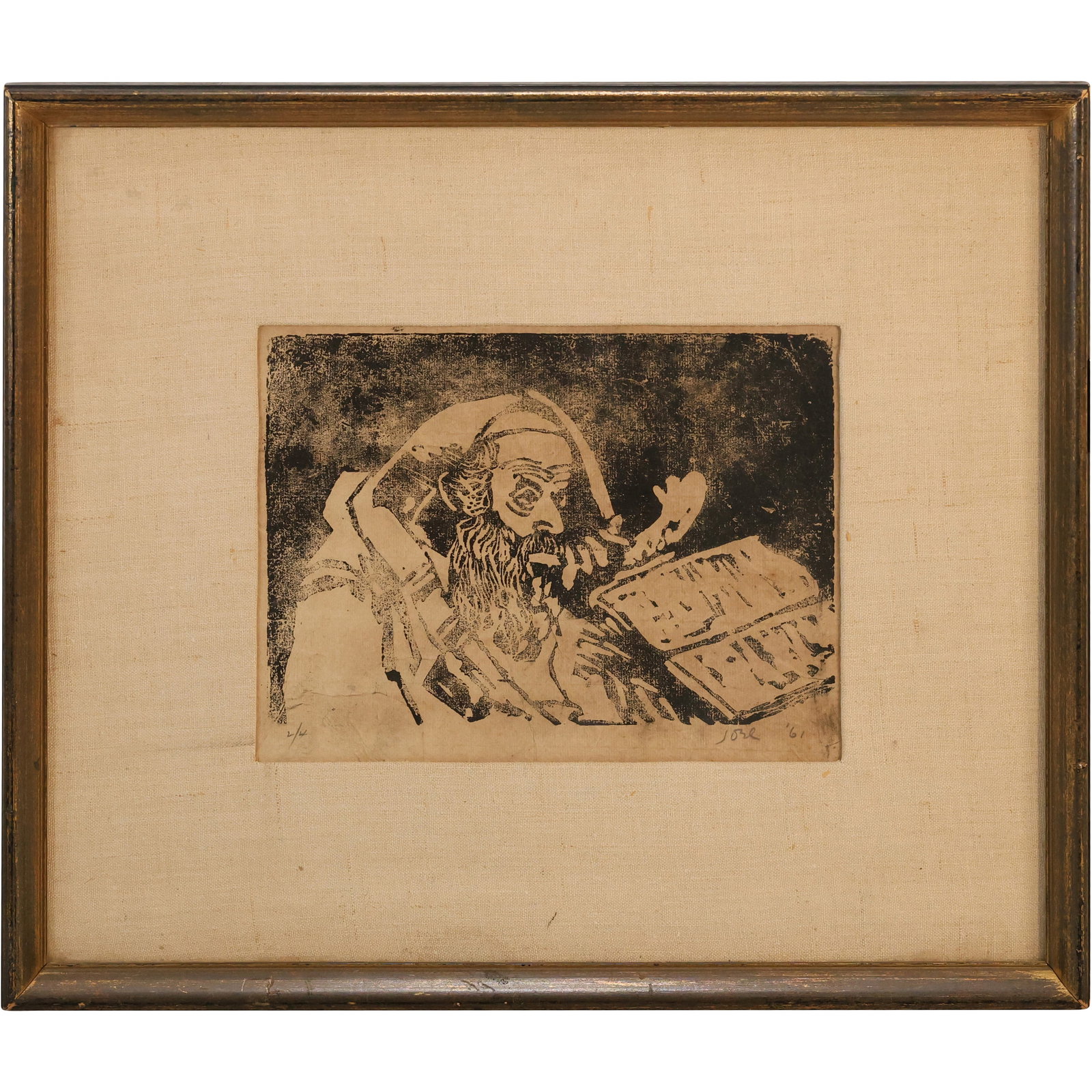 Vintage Framed Woodblock of a Rabbi Reading Scripture, Signed and Dated 1961 (1 of 18)