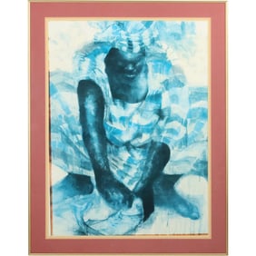 Framed Lithograph - African Man Grabbing Fish - Signed in Plate.