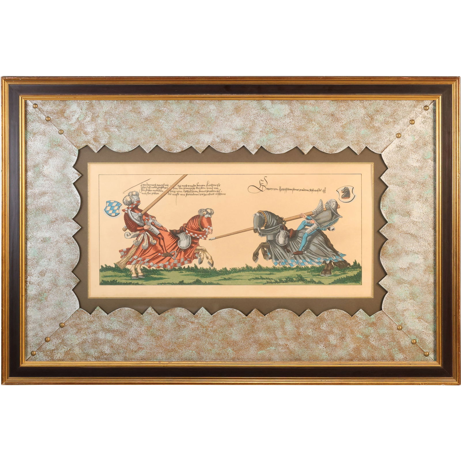 Framed Hand Colored Engraving Medieval Jousting Tournament: This item requires an appointment scheduled via email (donny@donnymaloneauctions.com) at least 24 hours before pick-up. size: Framed Hand Colored Engraving medieval jousting tournament, where two armo