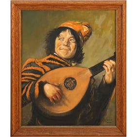 Signed Rixen, Oil on Board Painting, Musician Playing a Mandolin , Framed